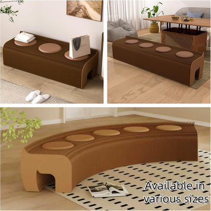 Modern Accordion Folding Paper Stool with 3 Cushions, Portable & Durable Honeycomb Kraft Paper Bench Chair for Living Room, Dining, Office, Kitchen, Eco-Friendly Decorative Foot Stool (Brown, 39~59in)