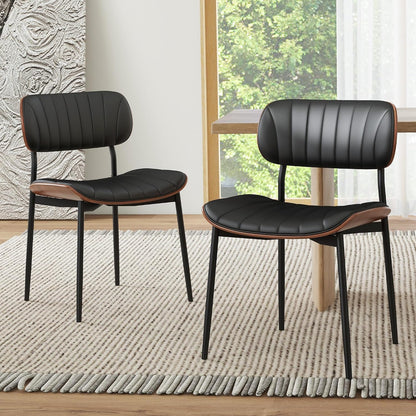 HENGJIANYI Bentwood Dining Chairs Set of 2, Modern PU Leather Dining Room Chairs with Metal Legs, Mid Century Upholstered Kitchen Chairs with Curved Back and Seat, Black