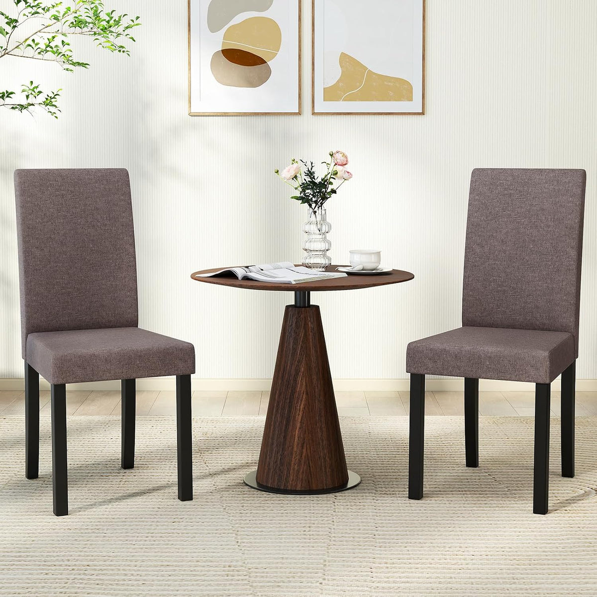 GOFLAME Upholstered Dining Chairs Set of 4, Fabric Kitchen Chairs with Padded Seat, Tilt Backrest, Rubber Wood Legs, Armless Side Chairs for Dining Room, Living Room, Restaurant, Brown