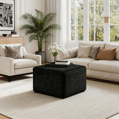 JINGLING 25.6 Inch Plush Corduroy Ottoman, Modular Sectional Foot Rest for Living Room, Upholstered Cloud Ottoman for Couch in a Box, Compressed Memory Foam, No Assembly Require, Black