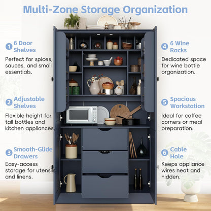 71" H Large Kitchen Pantry with 4 Doors, Freestanding Buffet with 3 Drawers, 6 Door Shelves and 6 Wine Racks, Wooden Storage Cabinet with Adjustable Shelves for Kitchen, Dining Room, Blue