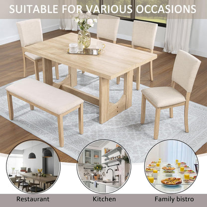 Harper & Bright Designs Modern 6-Piece Dining Table Set with Bench & 4 Upholstered Chairs, Light Oak Rectangular Kitchen Table for 6, U-Shaped Base, Farmhouse Rustic for Dining Room Living Room