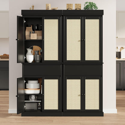 Slim Tall Pantry Cabinet - 4 Rattan Doors, Drawer, and 2 Adjustable Shelves - Freestanding Storage Cupboard for Entryway, Kitchen, Dining Room, Bathroom, or Office,Black