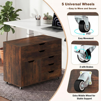 POWERSTONE Rolling File Cabinet 5-Drawer & One Side Door Storage Unit, Wood Printer Stand Drawer Cabinet with 5 Metal Wheels(2 Self-Locking) for Home Office, Coffee
