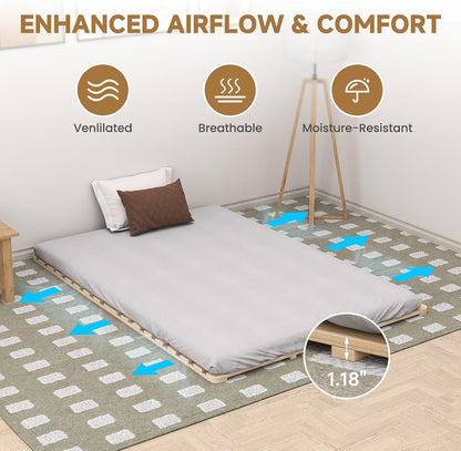 LILYPELLE Floor Bed Frame Full, Foldable Tatami Bed Frame Futon Frame | Breathable Moisture-Proof Bed Plate, Wood Slatted Floor Bed Frame, Japanese Floor Beds for Floor Sleeping & Futon Mattress