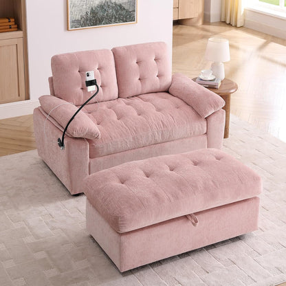 Chaise Lounge Chair Indoor with Storage Ottoman, Comfy Chenille Tufted Loveseat Sofa Chair with USB & Phone Holder, Upholstered Adjustable Backrest Lounge Sofa Chair for Living Room, Bedroom, Pink