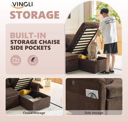 VINGLI Sectional Sleeper Sofa with Pull Out Couch Bed, 85 Inch L-Shaped Convertible Sofa Bed, 5 Seat Modular Sectional Couches for Living Room with Storage Chaise, USB Charging, Side Pockets