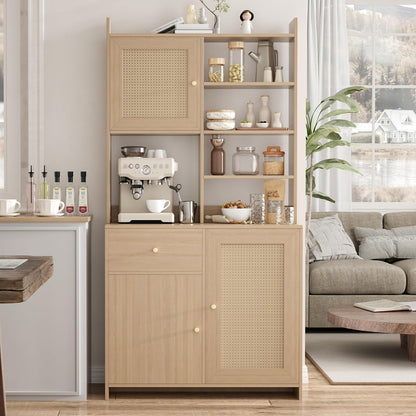 IDEALHOUSE Kitchen Pantry Cabinet with Adjustable Shelf, 71" Tall Storage Cabinet with Microwave Stand, Food Pantry Cabinets for Kitchen, Dining Room, Living Room, Natural
