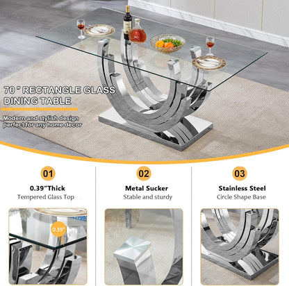 7 Piece Dining Table Set with 6 Beige Dining Chairs, Modern Glass Kitchen Table and Chairs Set for 6, 70" Rectangle Silver Glass Pedestal Dining Room Tables with Ring-Shape Stainless Steel Base