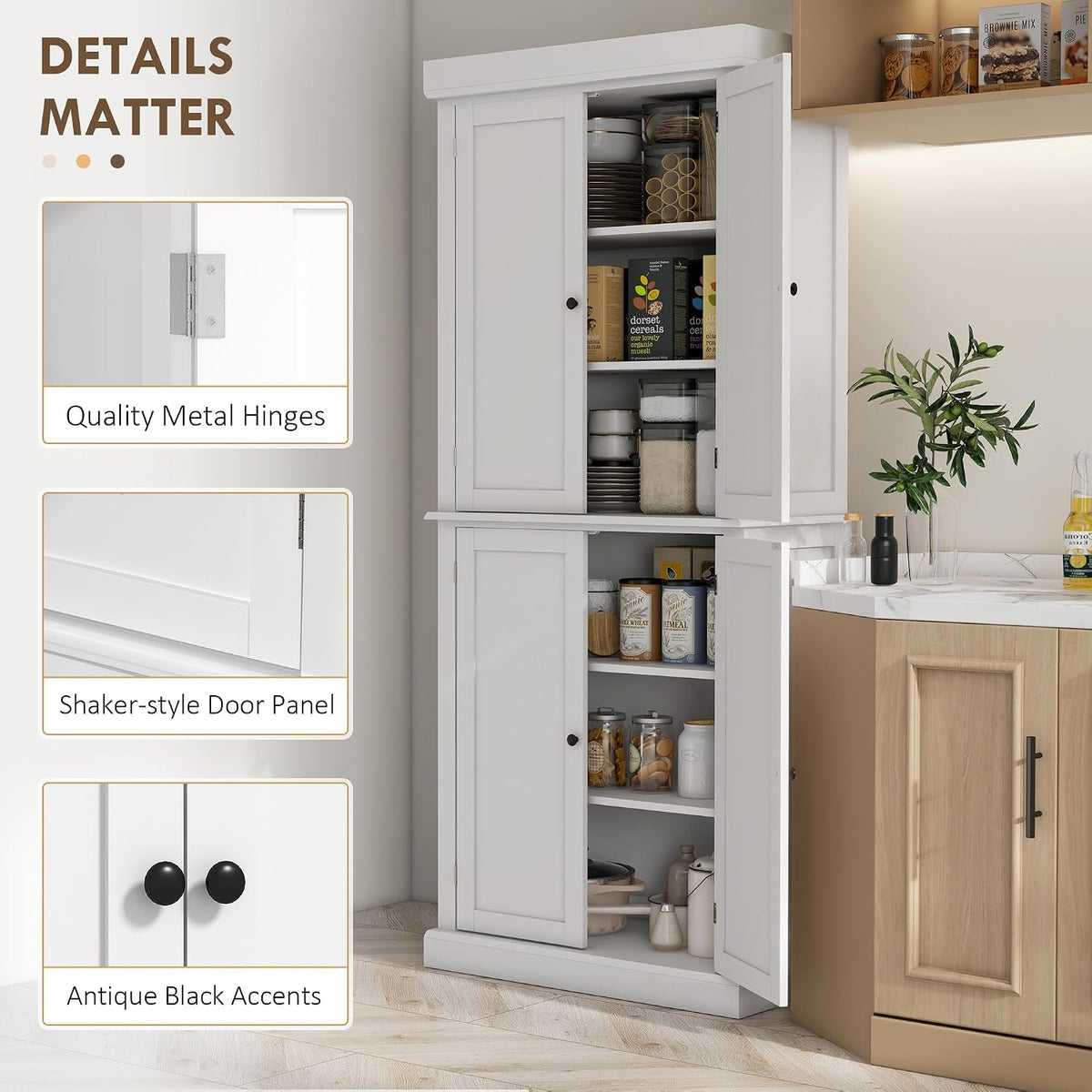 HOMCOM 72.5" Tall Kitchen Pantry Cabinet, Freestanding Modern Farmhouse Kitchen Storage Cabinet with 4 Doors and 2 Adjustable Shelves for Dining Room, White