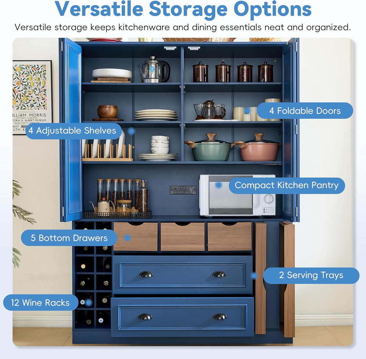 Polibi Farmhouse 71" Large Kitchen Pantry Cabinet with 4 Foldable Doors, Power Outlet, Wine Racks, Serving Trays, Adjustable Shelves & Drawers, for Dining Room Storage, Blue