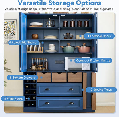 Polibi Farmhouse 71" Large Kitchen Pantry Cabinet with 4 Foldable Doors, Power Outlet, Wine Racks, Serving Trays, Adjustable Shelves & Drawers, for Dining Room Storage, Blue