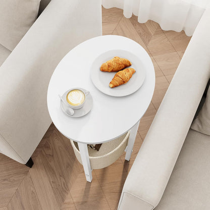 Vagusicc Round Side Table End Table with Storage Basket, Small Side Table Round Nightstand for Small Spaces, Tall Oval End Table with Steel Frame, Coffee Bedside Table for Living Room Bedroom, White