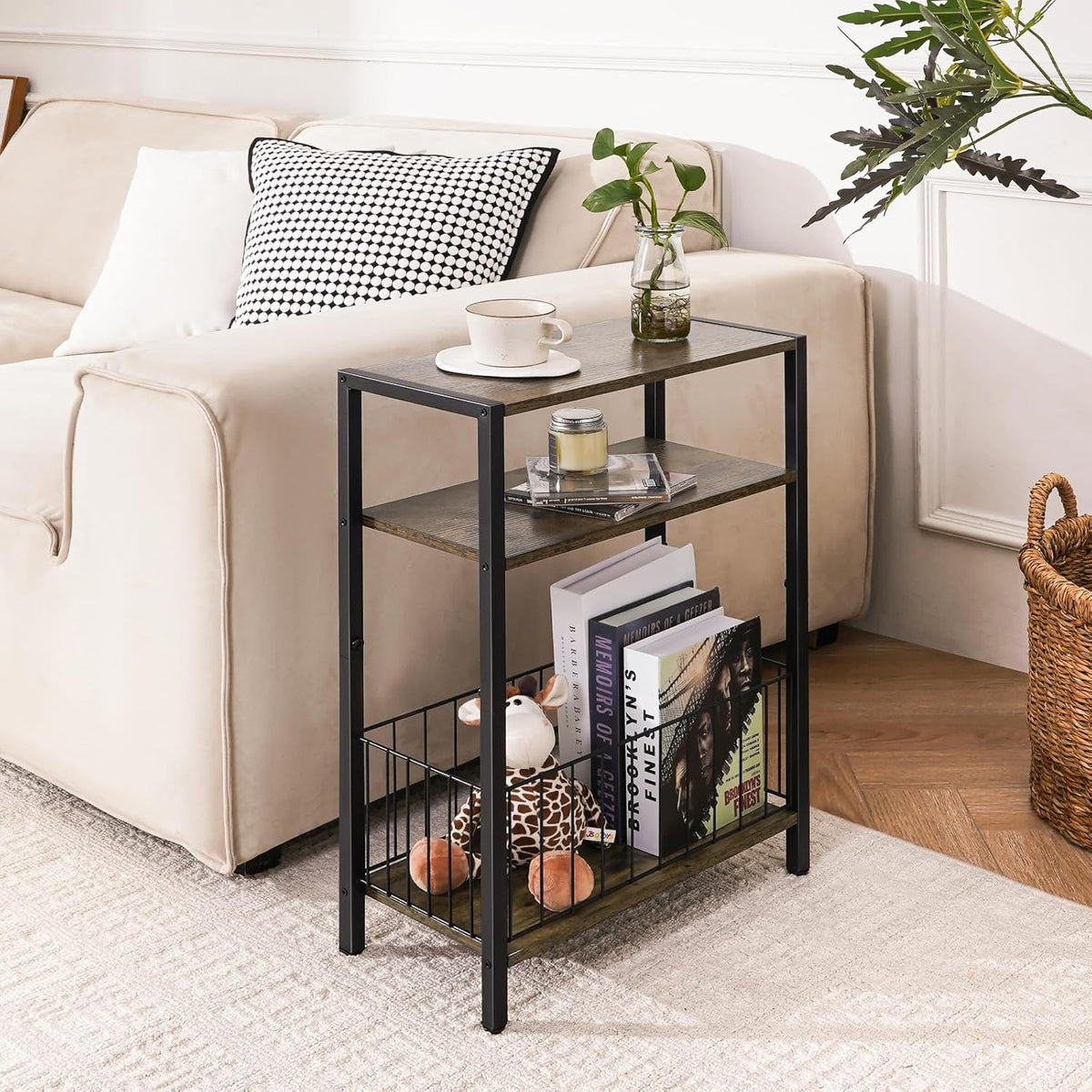 Yoobure Narrow Side Table with Storage Basket, Small End Table for Small Spaces Skinny Side Tables Living Room Bedroom, Slim Nightstand 3 Tier Bedside Table Space-Saving for Magazine, Rustic Brown