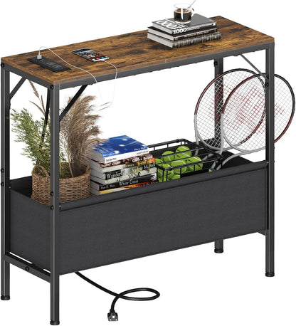 Asgolion 31.5" Console Table, 9.5" D Entryway Table with Power Outlets & USB Ports & Fabric Basket, Narrow Sofa Table for Hallway, Foyer, Living Room, Rustic Brown