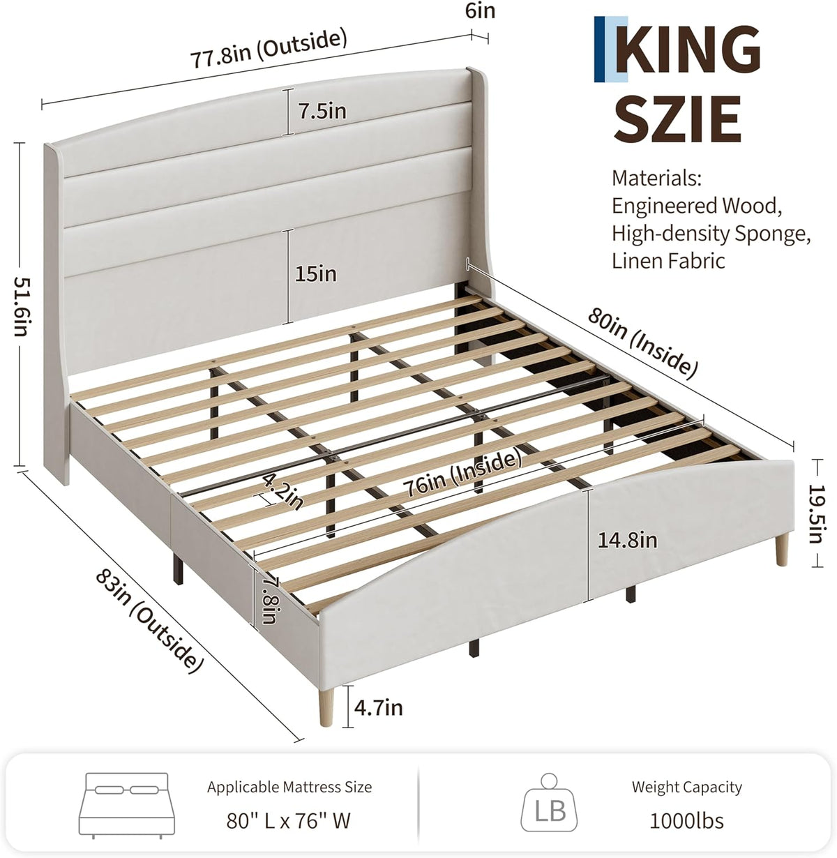 King Size Bed Frame,Upholstered Platform Bed,Wingback Headboard