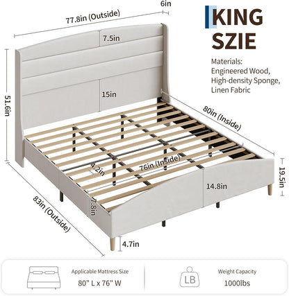 King Size Bed Frame,Upholstered Platform Bed,Wingback Headboard