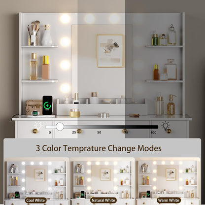 HUANLEGO Vanity Desk with Mirror and Lights, Makeup Vanity with Charging Station & Vanity Stool, 3 Drawers and Cabinets White Vanity Mirror with RGB LED Lights Vanity Desk and Chair for Women