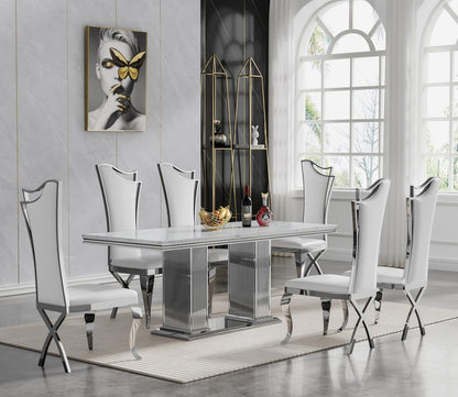 68 in Faux Marble Dining Table for 4-6, White Marble Dining Table with Silver Stainless Steel Base, Luxury Rectangular Dining Room Table for Kitchen, Living Room, Apartment, Family Meals, Dinner Party
