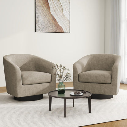Swivel Barrel Accent Chair, Comfy Reading Armchair, Light Brown, Set of 2 | Club Chairs for Adults, Low-Back Design, Modern Round Style, Solid Wood Frame & Metal Swivel Base, For Living Room & Bedroom