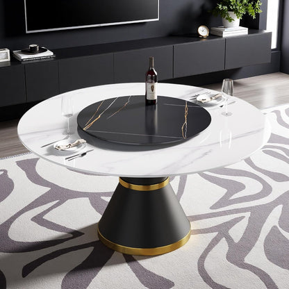 Montary 59” Modern Round Dining Table for 8, Artificial Marble Kitchen Table with Carrara White Sintered Stone Tabletop & Black Gold Lazy Susan, Black Slim Waist Carbon Steel Base