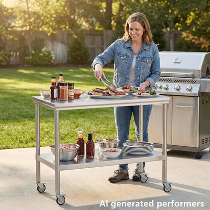 24x48 Stainless Steel Prep Table with Wheels, 1000 lbs, Kitchen, BBQ | Thickened Stainless Steel, 1000-Lb Capacity, Tool-Free Press-Fit Setup, 2-Tier Storage, 4 Locking Casters, 31.5-Inch Height