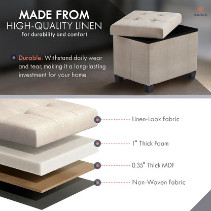 Ornavo Home Small Rectangle Storage Ottoman with Legs, 12x16x12, Beige | Foot Rest Stool Seat; Holds Up to 600 lbs; Ideal for Living Room, Bedroom, Home Office or Dorm