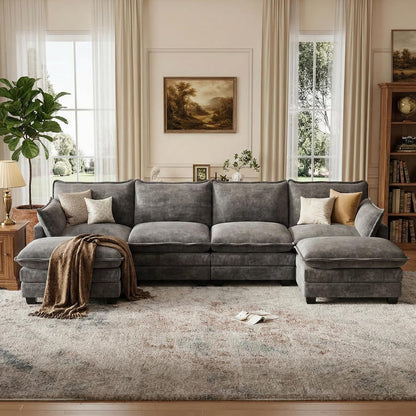 U Shaped Modular Sectional Couch, Comfy Sofa for Living Room | Comfortable Foam Cushions, Sturdy Frame, Appealing Look, Easy Assembly, Soft Chenille Fabric, Movable Ottoman, Dark Gray