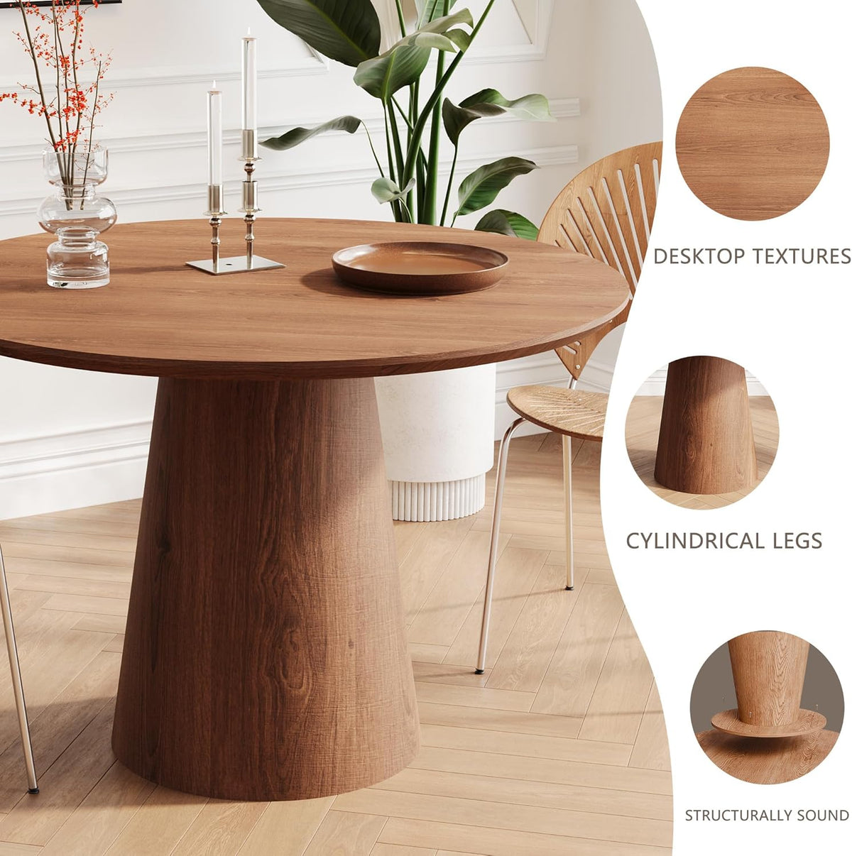 43" Round Dining Table for 4,Modern Natural Wood Dining Table with Cone Wood Pedestal Base, Retro Farmhouse Solid Wood Circle Dining Room Table for Living Room Kitchen, Dining Room(Walnut)
