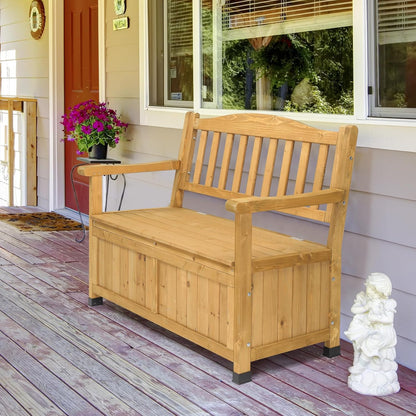 Fir Wood Outdoor Storage Bench, 2-Seater High Backrest Patio Loveseat with Armrest, Large Waterproof Deck Storage Box, Multipurpose Weather Resistant Organizer Bench