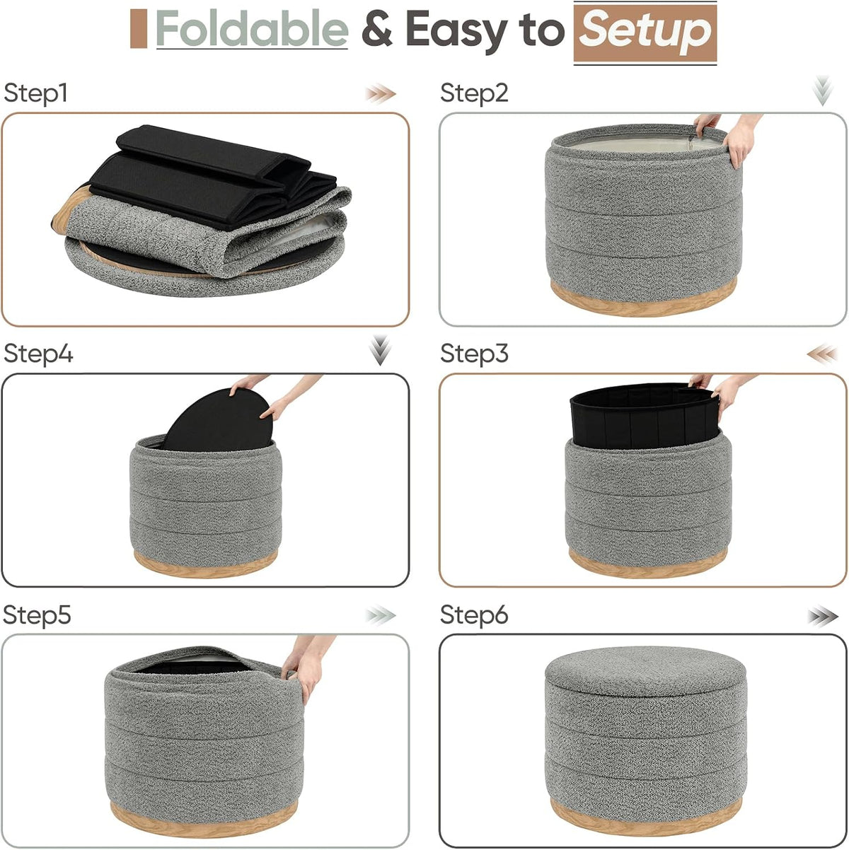 Round Storage Ottoman with Tray Lid, Folding Chenille Fabric Footrest with Hidden Storage, 22.8" Large Footstool Side Table for Dorm Living Room Bedroom, Wood Grain Base, Grey