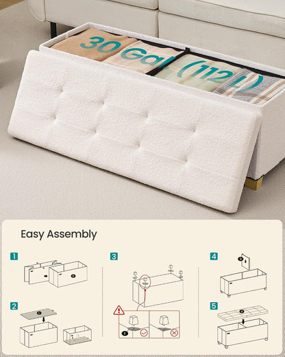 SONGMICS Storage Ottoman Bench with Legs, Flipping Lid, 43.3 Inches | Folding Ottoman Foot Rest, Teddy Fleece, for Living Room, Bedroom, Entryway, Cream White, Mazie Collection ULSF081WD01