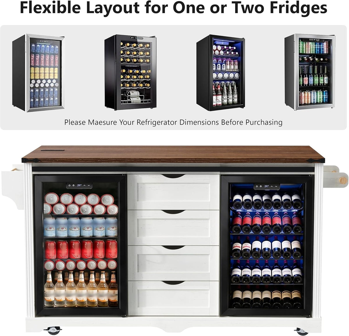 72" Rolling Kitchen Island with Mini Fridge Space & Power Outlet,White | Farmhouse Kitchen Cart Cabinet with Drop Leaf Table, 4 Drawers, Sliding Barn Doors & Wine Glass Holder