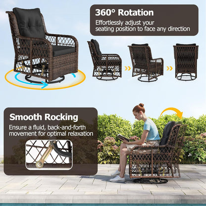 Tangkula 3 Pieces Outdoor Swivel Rocker Set, Rattan Wicker Patio Rocking Cushioned Chairs Set of 2 with Small Side Table, for Backyard, Poolside, Balcony, Lawn, Deck