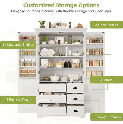 Merax 72" Tall Shaker Style Kitchen Pantry with 3 Drawers, Adjustable Shelves, Wood Cupboard Dining Storage Cabinet with Door Shelves and Pull-Out Trays for Living Room, Kitchen, Dining Room White