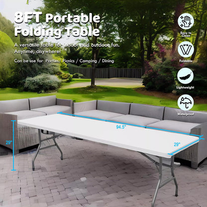 SEALAMB Portable 8FT Plastic Folding Table for Indoor & Outdoor, Heavy Duty Commercial Fold Up Table Picnic Tables Dining Table for Parties Backyard Events(White, 8FT)