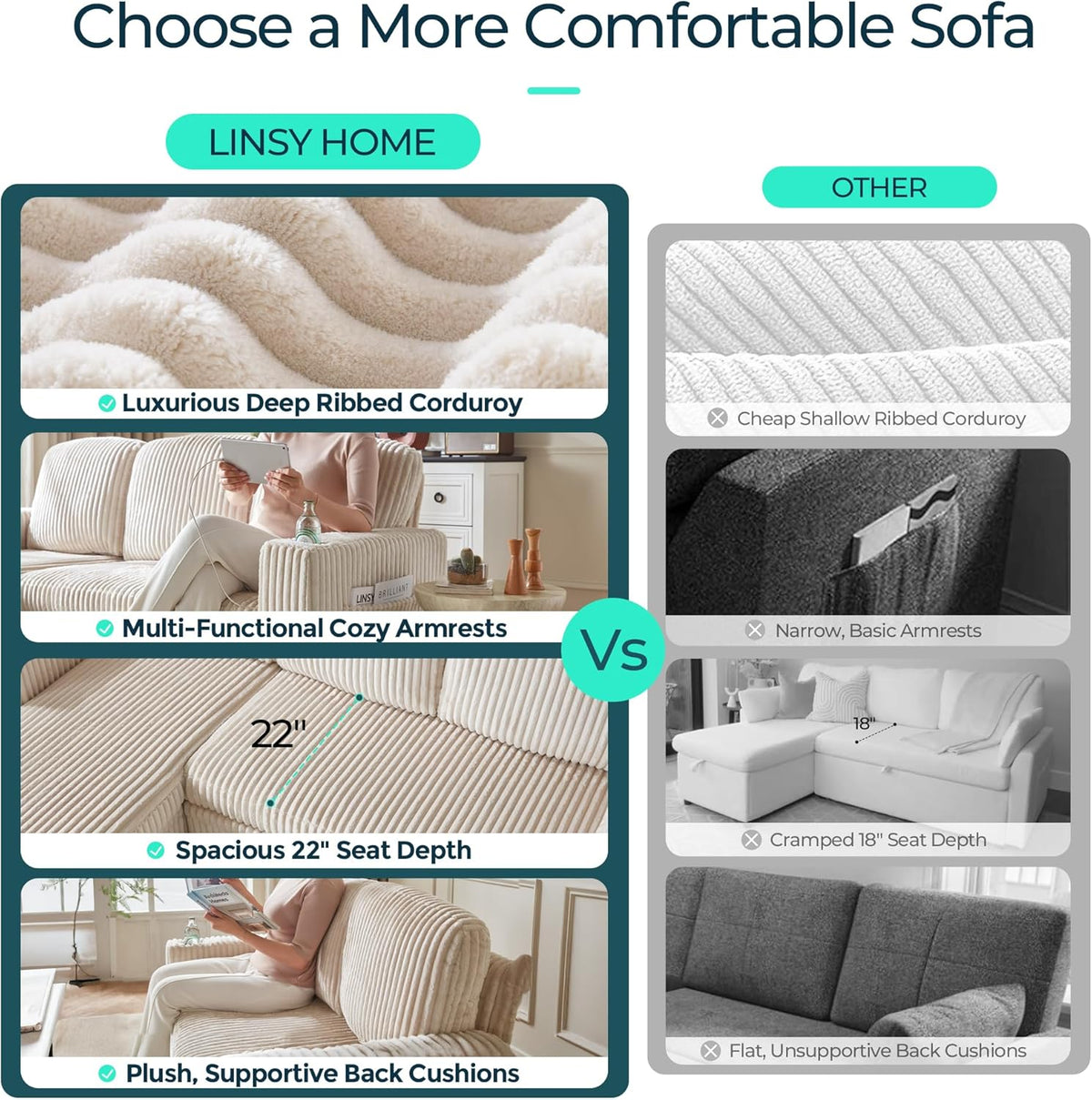 LINSY HOME Sectional Couches for Living Room, 81" U Shape 6 Seats, Beige | Sleeper sofa with pull out couch bed, corduroy couch with storage