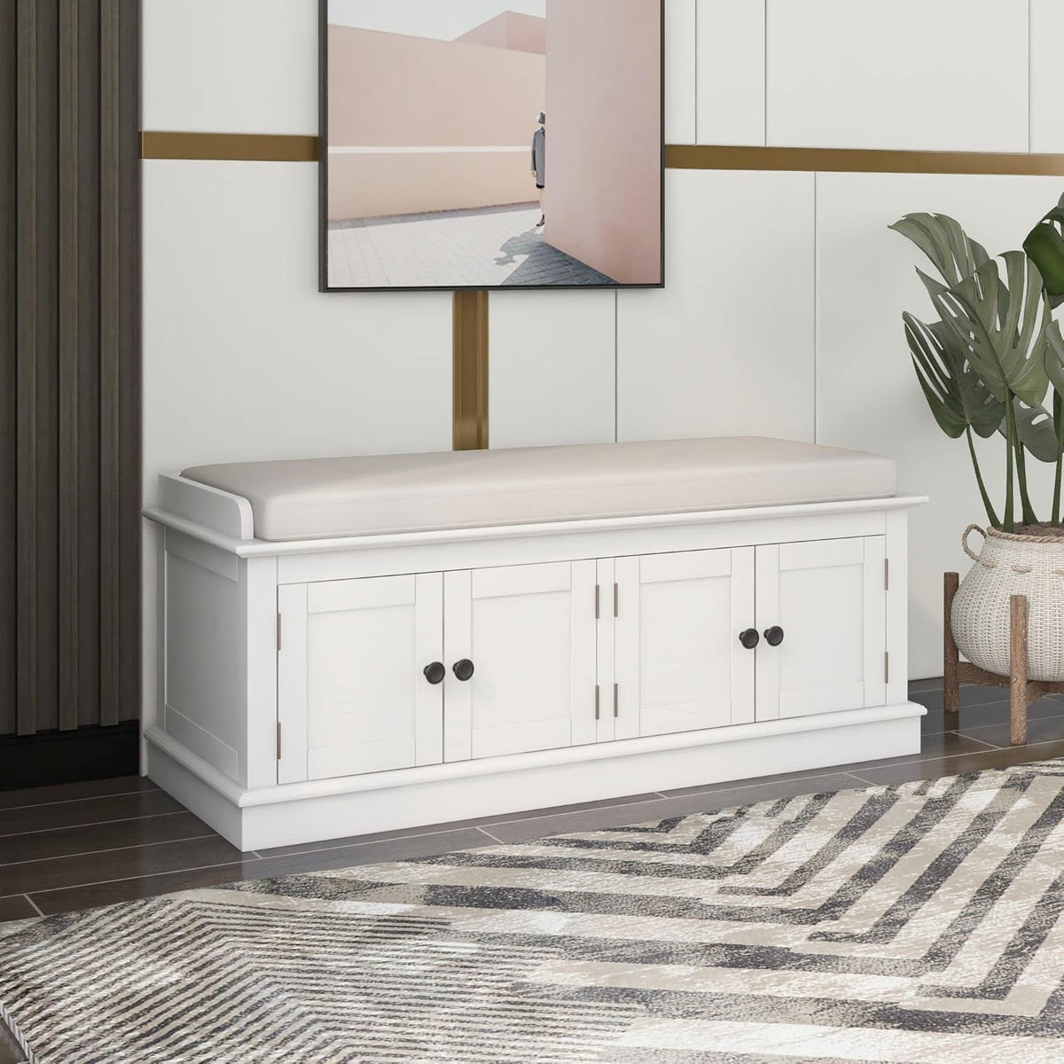 SOFTSEA 42.7" Shoe Bench with Padded Seat Cushion, 2-Tier Entryway Bench with 4 White Doors and Adjustable Shelves, Shoe Cabinet for Entryway, Bedroom, Living Room, White
