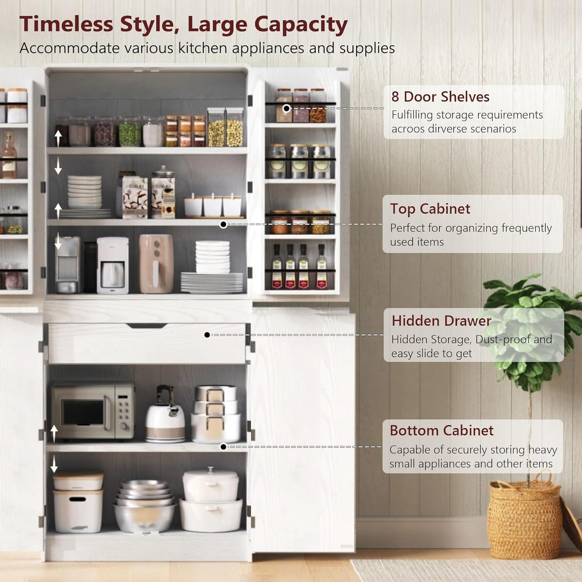 72" Tall Farmhouse Kitchen Pantry Cabinet with 8 Door Shelves, Curved Design Storage Cabinet with 3 Adjustable Shelves, Hidden Drawer, Versatile Cupboard for Kitchen, Dining & Bathroom, White
