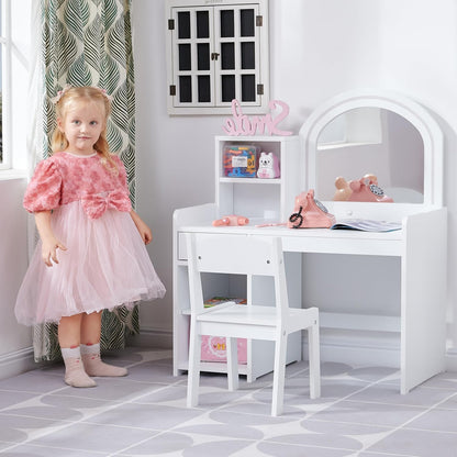 Kids Vanity with Lights, Vanity Set with Drawer and Storage Shelves, 2 in 1 Toddler Vanity with Lighted Mirror, Girls Vanity Set with Stool for Little Girls (White)