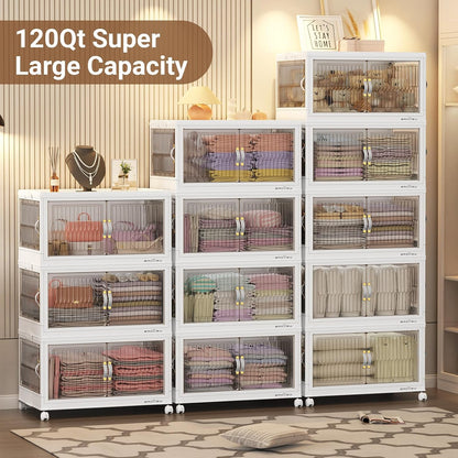 BROVIEW 90Gal Large Stackable Storage Bins with Lids, Plastic Closet Organizer and Storage Drawer, Collapsible Storage Box with Wheels, Folding Storage Cabinet with Doors for Home Office, 3Pack White