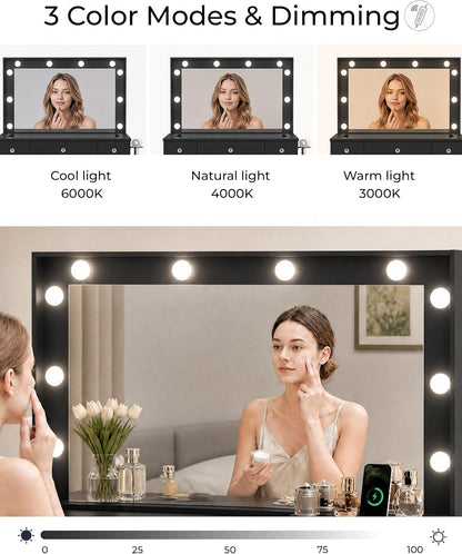 Otterease Black Makeup Vanity with Mirror and Lights,11 Drawers & Glass Top | Vanity Desk Table with Charging Station and 10 LED Bulbs, Hair Dryer Holder, for Bedroom