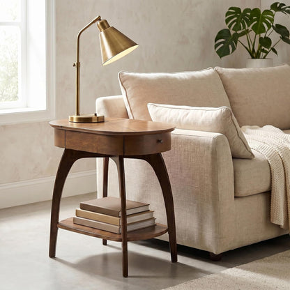 LAX Mid-Century Modern Wood Chairside End Table with USB Charging Station, Drawer and Shelf Storage. Nutmeg with Espresso Legs