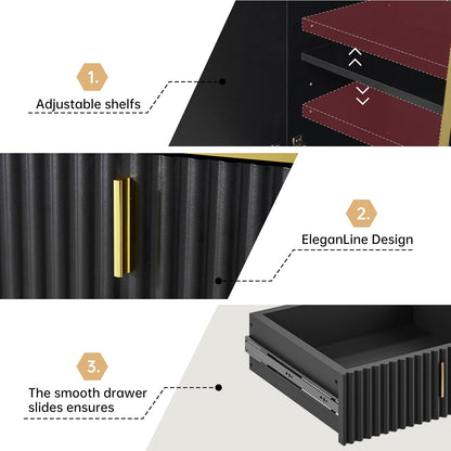 oneinmil 60” Modern Sideboard Buffet Cabinet, Fluted Storage Sideboard with Adjustable Shelves & Pop-Up Doors, Multifunctional Accent Cabinet for Kitchen, Living Room, Hallway, Black and Gold