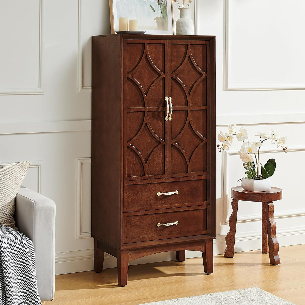 DSHADE 53.5" Tall Mid-Century Modern Kitchen Pantry Cabinet, Retro Sideboard Buffet with Doors/Drawers, Walnut Finish for Entryway, Living Room, Kitchen, Garage Storage