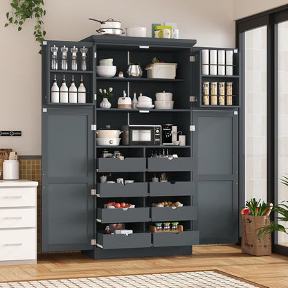 71" Tall Kitchen Pantry Cabinet, Freestanding Food Storage Pantry with 4 Doors, 8 Pull-Out Trays and Adjustable Shelves, Wood Storage Cupboard for Kitchen, Dining Room,Gray