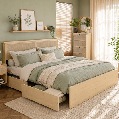 Yechen King Bed Frame with Natural Rattan Headboard and Wooden 4 Storage Drawers, Light Oak Metal Platform Bedframe with Strong Wooden Slats Support, Boho Cane Wood Bed, No Box Spring Needed