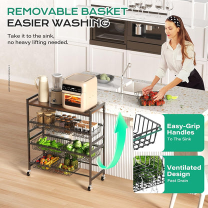 Cinati 4-Tier Utility Kitchen Cart with Wood Top, 29" W Kitchen Storage Cart with 8 Baskets & Handle, Metal Snack Cart with Wheels, Adjustable Pantry Organizer and Storage Cart for Fruit, Vegetables