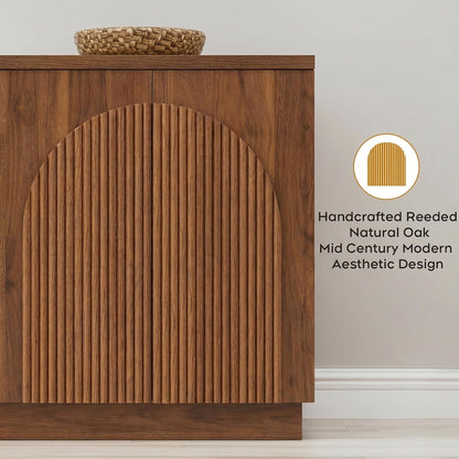 Yechen 110" Modular Fluted Sideboard Buffet Cabinet with Storage, Wood Mid Century Modern Credenza Cabinet w/Arched Reeded Doors & Adjustable Shelves for Kitchen, Living Room, Walnut