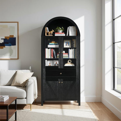 71" Tall Arched Pantry Cabinet, Modern Kitchens Storage Cabinet with Doors, Drawers and Shelves, Freestanding Cupboard for Dining Room Living Room (Black)